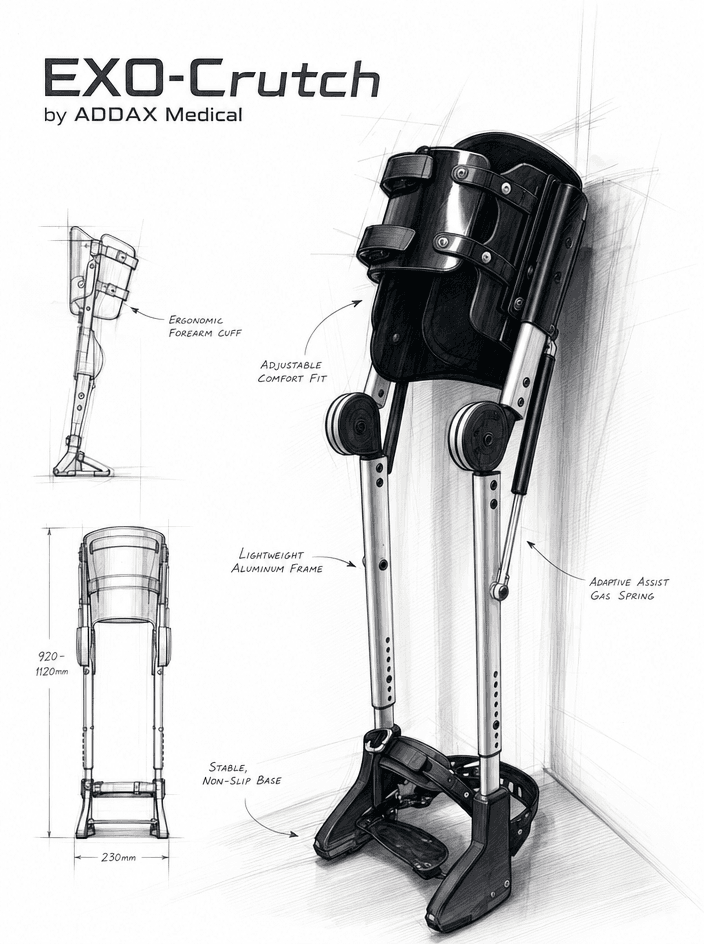EXO-Crutch by Addax Medical — engineering sketch showing thigh cuff, adaptive assist gas spring, lightweight aluminum frame, and stable non-slip base
